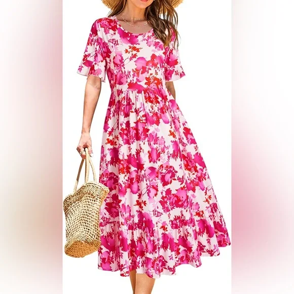 Ruffle sleeve floral midi / maxi dress floral summer sun dress - Picture 1 of 4